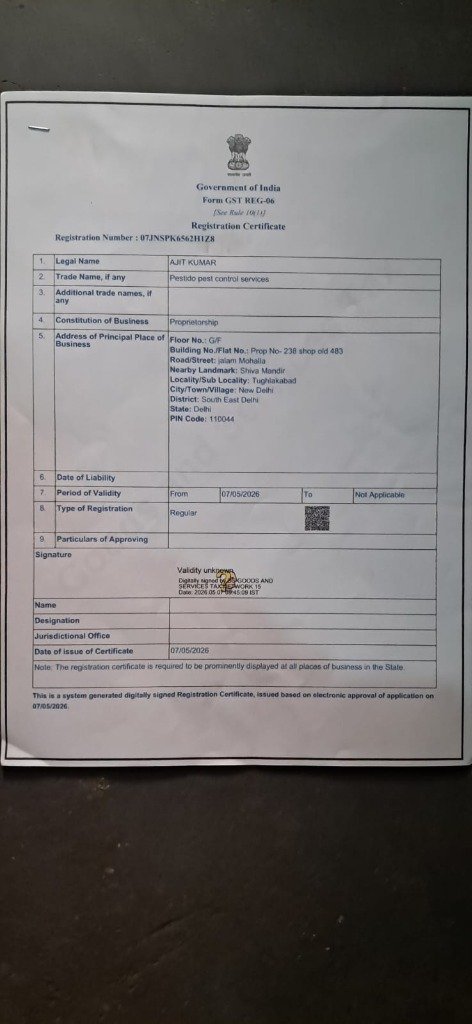 GST Registration Certificate – Form GST REG-06, Pestido